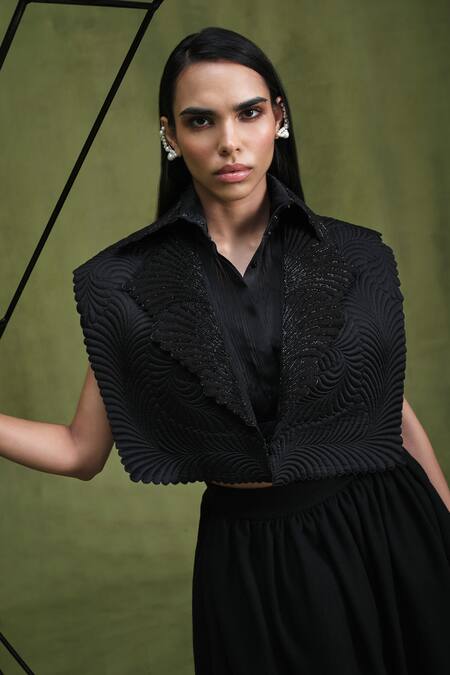Buy Pankaj & Nidhi Black Satin, Wool Embroidery Collared Samurai Quilted Jacket And Skirt Set Buy_Pankaj & Nidhi_Black Satin, Wool Embroidery Collared Samurai Quilted Jacket And Skirt Set