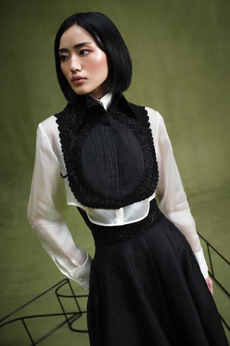 Shop_Pankaj & Nidhi_Black Silk Organza Embroidery, Applique High Memento Embellished Bib And Shirt Set _Online_at_Aza_Fashions