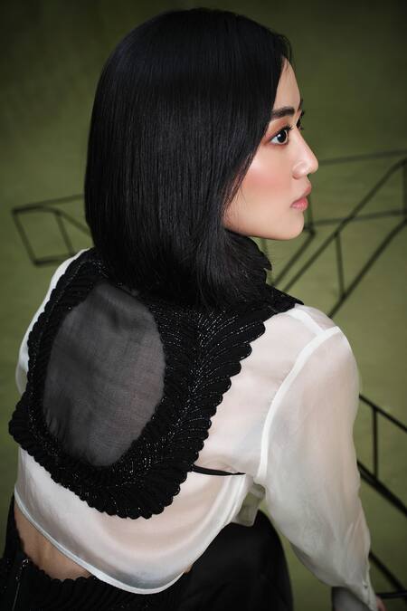 Pankaj & Nidhi_Black Silk Organza Embroidery, Applique High Memento Embellished Bib And Shirt Set _at_Aza_Fashions