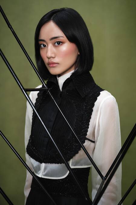 Buy_Pankaj & Nidhi_Black Silk Organza Embroidery, Applique High Memento Embellished Bib And Shirt Set 