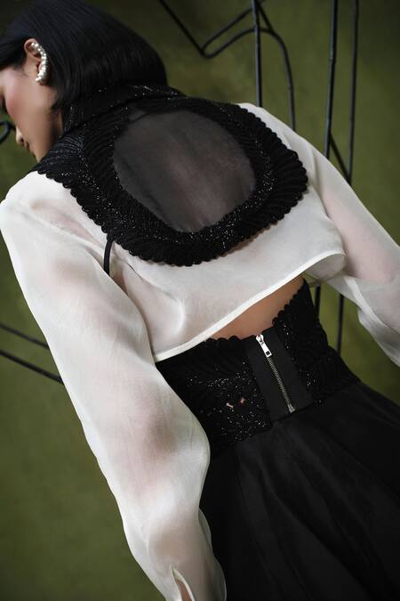 Shop_Pankaj & Nidhi_Black Silk Organza Embroidery, Applique High Memento Embellished Bib And Shirt Set 