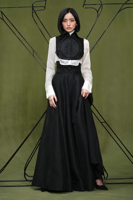 Pankaj & Nidhi Black Bib And Shirt Silk Organza Embellished Memento Skirt Set  