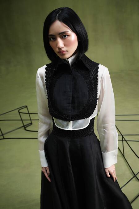 Pankaj & Nidhi Black Silk Organza, Twill Applique, Embroidery Memento Embellished Bib Skirt Set at Aza Fashions Pankaj & Nidhi_Black Silk Organza, Twill Applique, Embroidery Memento Embellished Bib Skirt Set _at_Aza_Fashions
