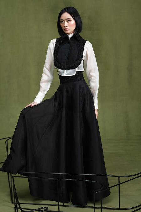 Shop Pankaj & Nidhi Black Silk Organza, Twill Applique, Embroidery Memento Embellished Bib Skirt Set Shop_Pankaj & Nidhi_Black Silk Organza, Twill Applique, Embroidery Memento Embellished Bib Skirt Set