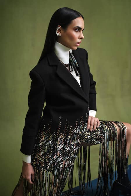 Pankaj & Nidhi_Black Wool, Silk Organza Fringe, Staccato Embellished Power Blazer With Shirt _at_Aza_Fashions