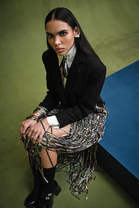 Buy_Pankaj & Nidhi_Black Wool, Silk Organza Fringe, Staccato Embellished Power Blazer With Shirt 