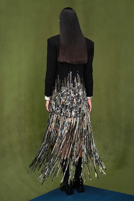 Shop_Pankaj & Nidhi_Black Wool, Silk Organza Fringe, Staccato Embellished Power Blazer With Shirt 