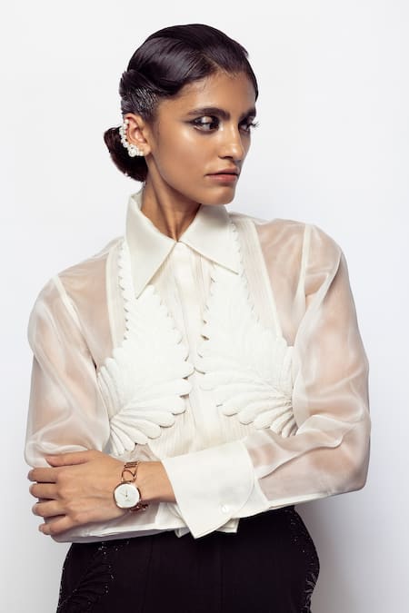 Pankaj & Nidhi Ivory Harness Satin Embellished Cord Intaglio Engraved And Shirt Set  