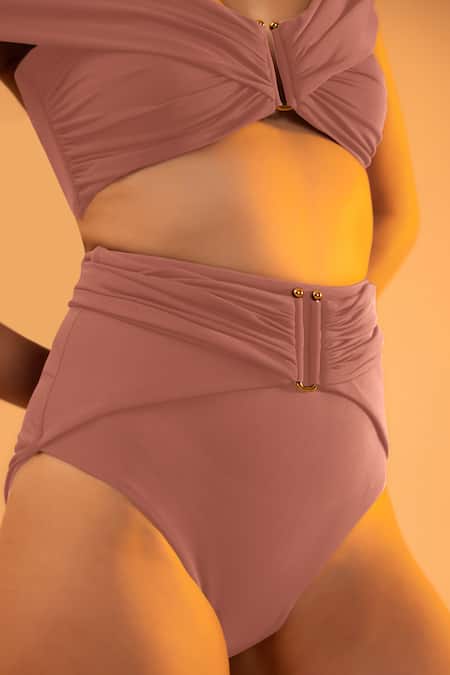 Shop_Tizzi_Pink Polyamide, Lycra Off-shoulder Alatus Solid Bikini Set _Online_at_Aza_Fashions