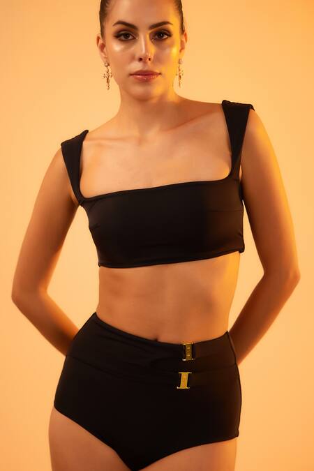 Tizzi_Black Polyamide, Lycra Square Neck Chunky Trim Solid Bikini Set_Online_at_Aza_Fashions