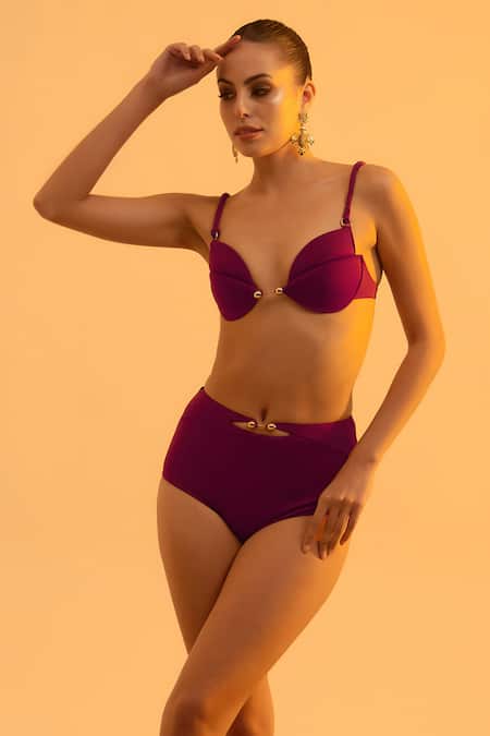 Tizzi_Red Polyamide, Lycra Sweetheart Neck Solid Designer Bikini Set _Online_at_Aza_Fashions