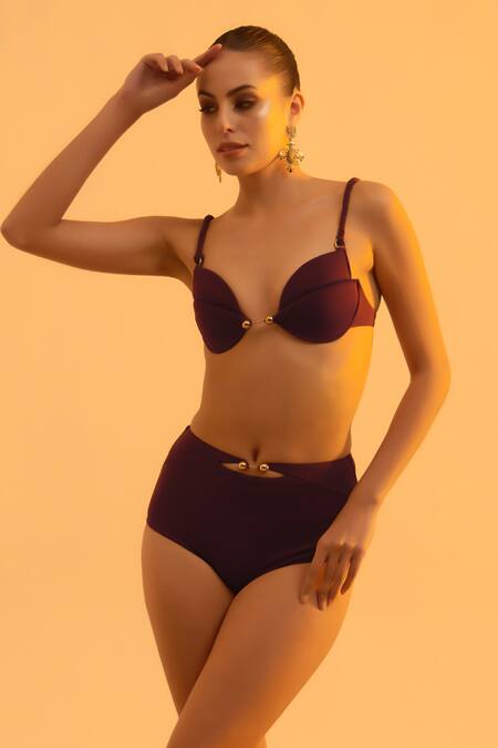 Tizzi_Purple Polyamide Sweetheart Neck Folium Sleeveless Solid Bikini Set_Online_at_Aza_Fashions