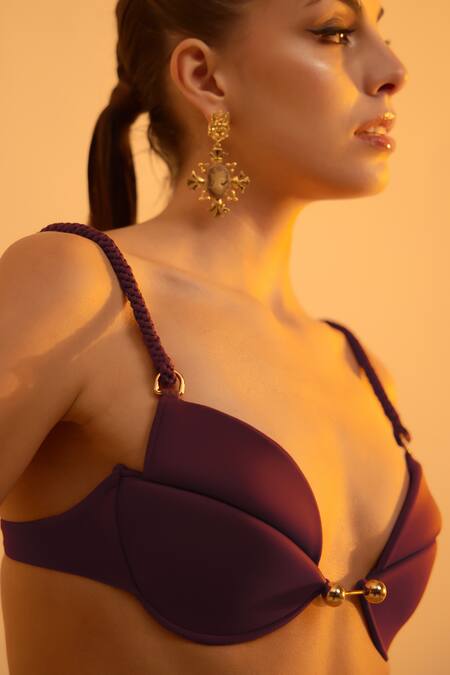Buy_Tizzi_Purple Polyamide Sweetheart Neck Folium Sleeveless Solid Bikini Set_Online_at_Aza_Fashions