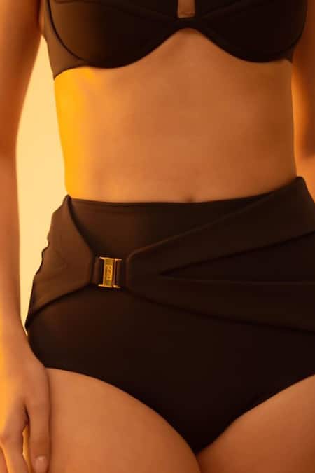 Tizzi_Black Polyamide, Lycra Sweetheart Neck Armis Solid Bikini Set_Online_at_Aza_Fashions