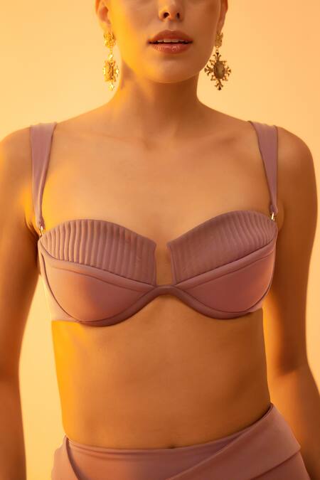 Buy_Tizzi_Pink Polyamide, Polyester Sweetheart Neck Armis Plain Bikini Set _Online_at_Aza_Fashions