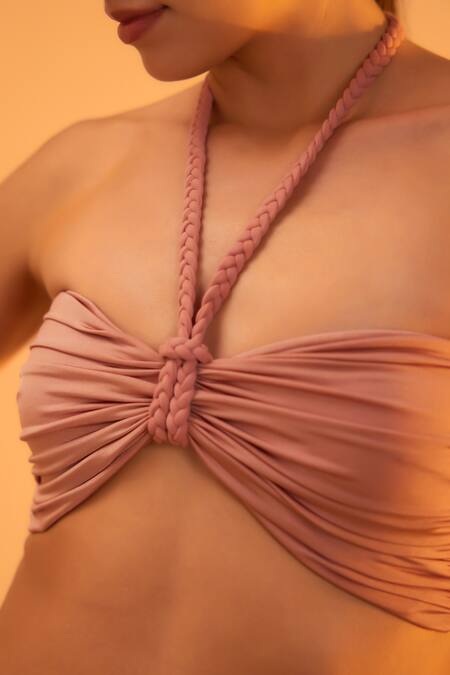 Buy_Tizzi_Pink Polyamide, Lycra Halter Neck Synchronis Solid Draped Bikini Set _Online_at_Aza_Fashions