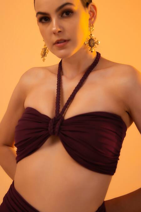 Tizzi Purple Polyamide Halter Neck Synchronis Plain Draped Bikini Set Online at Aza Fashions Tizzi_Purple Polyamide Halter Neck Synchronis Plain Draped Bikini Set_Online_at_Aza_Fashions