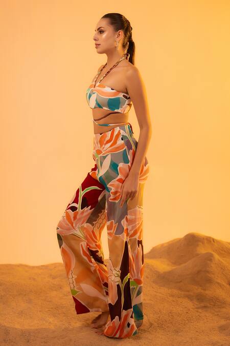 Shop_Tizzi_Beige Crepe Halter Neck Sydo Abstract Print Bandeau_Online_at_Aza_Fashions