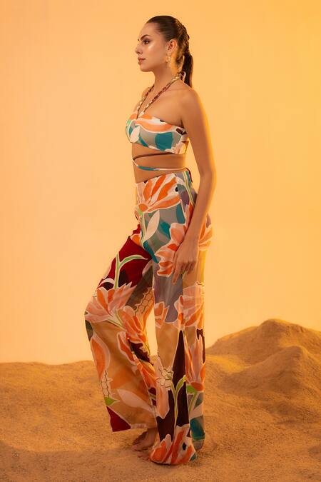 Shop_Tizzi_Beige Crepe Doric Abstract Print Straight-fit Pant_Online_at_Aza_Fashions