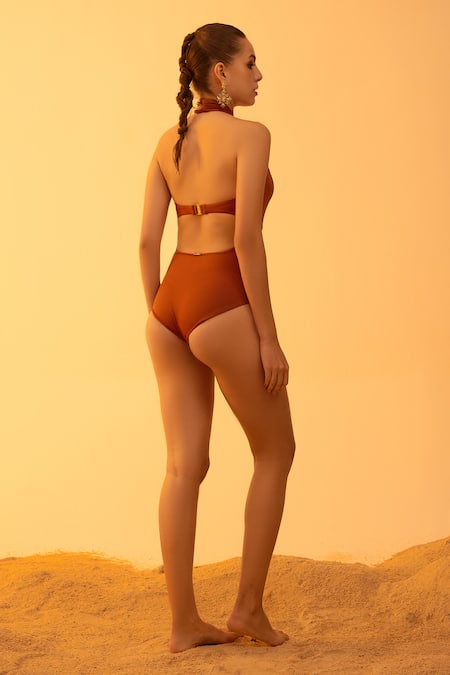 Shop Tizzi Brown Polyamide, Lycra Halter Neck Apeiro Plain Monokini at Aza Fashions Shop_Tizzi_Brown Polyamide, Lycra Halter Neck Apeiro Plain Monokini_at_Aza_Fashions