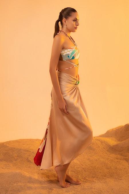 Tizzi_Beige Chiffon, Satin Sepia Abstract Print Skirt_Online_at_Aza_Fashions