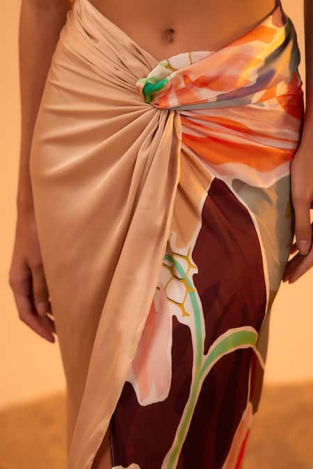 Buy_Tizzi_Beige Chiffon, Satin Sepia Abstract Print Skirt_Online_at_Aza_Fashions