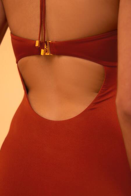 Tizzi_Brown Polyamide, Lycra Halter Neck Sol Plain Swimsuit_Online_at_Aza_Fashions