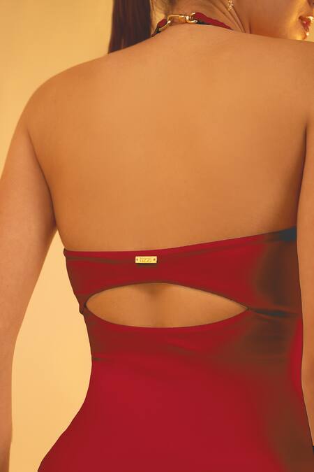 Tizzi_Red Polyamide, Lycra Halter Neck Plegm Plain Monokini_Online_at_Aza_Fashions