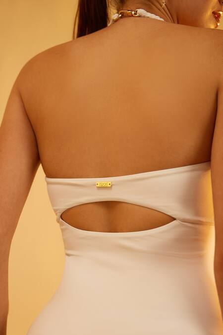 Tizzi_White Polyamide, Lycra Halter Neck Plegm Solid Monokini_Online_at_Aza_Fashions