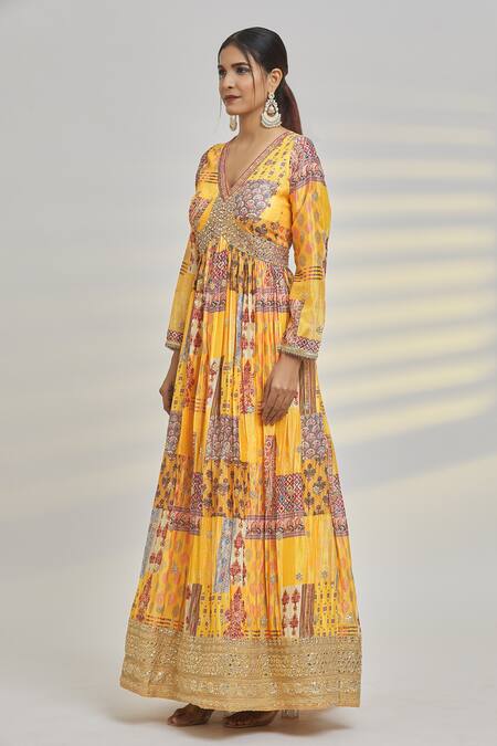 Samyukta Singhania_Yellow Net, Chiffon Gota Patti, Floral Moroccan Tile Print Anarkali With Dupatta_Online_at_Aza_Fashions