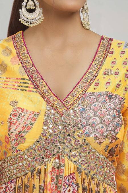 Buy_Samyukta Singhania_Yellow Net, Chiffon Gota Patti, Floral Moroccan Tile Print Anarkali With Dupatta_Online_at_Aza_Fashions