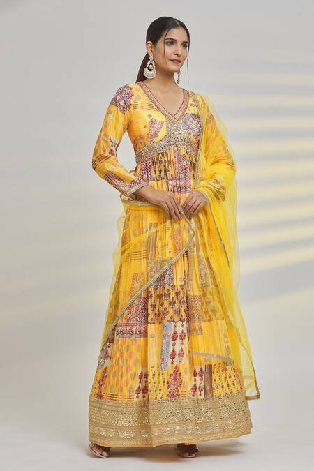 Shop_Samyukta Singhania_Yellow Net, Chiffon Gota Patti, Floral Moroccan Tile Print Anarkali With Dupatta_Online_at_Aza_Fashions
