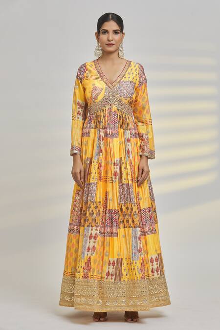Samyukta Singhania_Yellow Net, Chiffon Gota Patti, Floral Moroccan Tile Print Anarkali With Dupatta_at_Aza_Fashions