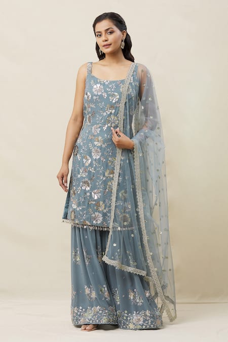 Samyukta Singhania Grey Kurta And Gharara Georgette Embroidery Zari Scoop Neck Set