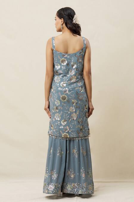 Shop Samyukta Singhania Grey Dupatta Net, Kurta And Gharara Georgette Sequin, Thread, Embroidered Set at Aza Fashions Shop_Samyukta Singhania_Grey Dupatta Net, Kurta And Gharara Georgette Sequin, Thread, Embroidered Set_at_Aza_Fashions