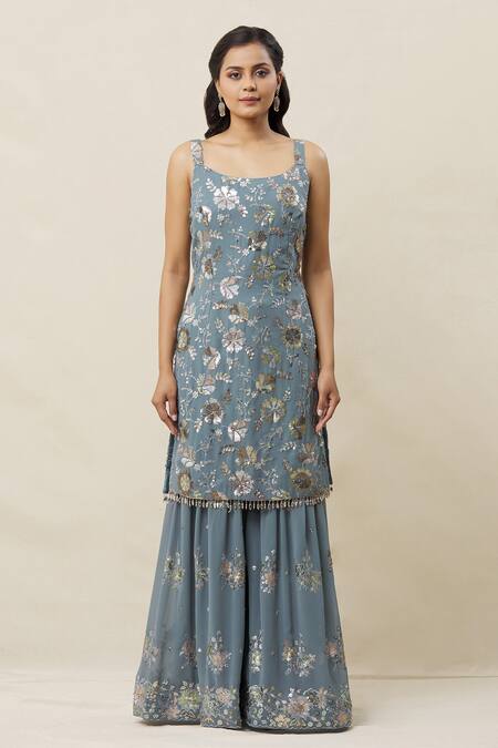 Samyukta Singhania Grey Dupatta Net, Kurta And Gharara Georgette Sequin, Thread, Embroidered Set Online at Aza Fashions Samyukta Singhania_Grey Dupatta Net, Kurta And Gharara Georgette Sequin, Thread, Embroidered Set_Online_at_Aza_Fashions