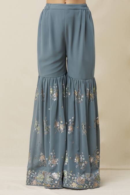 Shop Samyukta Singhania Grey Dupatta Net, Kurta And Gharara Georgette Sequin, Thread, Embroidered Set Online at Aza Fashions Shop_Samyukta Singhania_Grey Dupatta Net, Kurta And Gharara Georgette Sequin, Thread, Embroidered Set_Online_at_Aza_Fashions