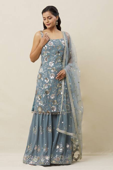 Samyukta Singhania Grey Dupatta Net, Kurta And Gharara Georgette Sequin, Thread, Embroidered Set at Aza Fashions Samyukta Singhania_Grey Dupatta Net, Kurta And Gharara Georgette Sequin, Thread, Embroidered Set_at_Aza_Fashions