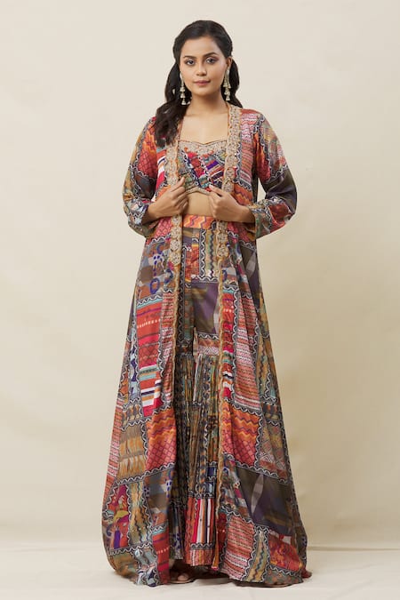 Samyukta Singhania Multi Color Blouse And Gharara Chinnon Crepe Digital Printed Abstract Jacket Set