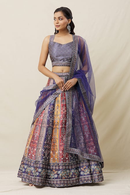 Samyukta Singhania Multi Color Blouse And Lehenga Art Silk Printed Floral Stripe Panelled Set