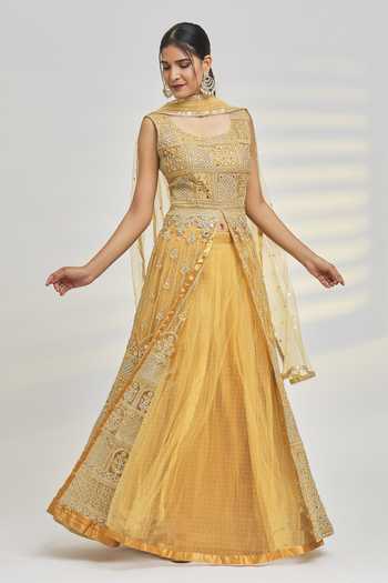 Grey Metallic Floral Zari & Resham Thread Embroidery Net Lehenga Set main image 0