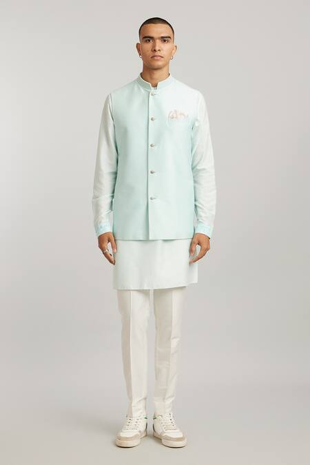 Bubber Couture Sky Blue Cotton, Silk Scallop Wave Pattern Bundi Online at Aza Fashions Bubber Couture_Sky Blue Cotton, Silk Scallop Wave Pattern Bundi _Online_at_Aza_Fashions