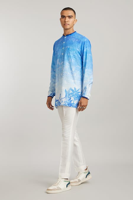 Bubber Couture Blue Cotton, Silk Pablo Nature Print Short Kurta Online at Aza Fashions Bubber Couture_Blue Cotton, Silk Pablo Nature Print Short Kurta _Online_at_Aza_Fashions