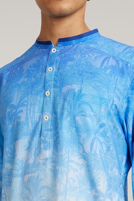 Buy Bubber Couture Blue Cotton, Silk Pablo Nature Print Short Kurta Online at Aza Fashions Buy_Bubber Couture_Blue Cotton, Silk Pablo Nature Print Short Kurta _Online_at_Aza_Fashions