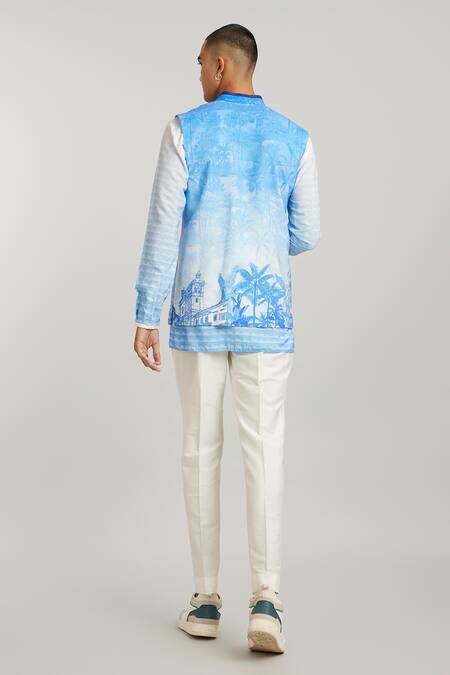 Shop Bubber Couture Blue Cotton, Silk Ombre Nature Print Bundi at Aza Fashions Shop_Bubber Couture_Blue Cotton, Silk Ombre Nature Print Bundi _at_Aza_Fashions