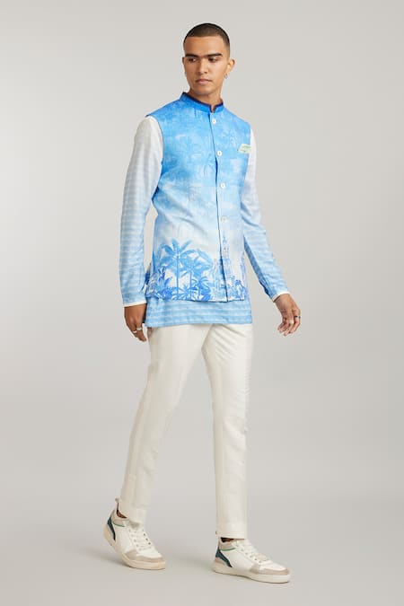 Bubber Couture Blue Cotton, Silk Ombre Nature Print Bundi Online at Aza Fashions Bubber Couture_Blue Cotton, Silk Ombre Nature Print Bundi _Online_at_Aza_Fashions