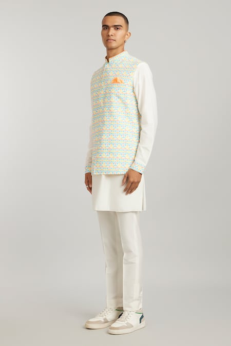 Bubber Couture_Multi Color Cotton, Silk Geometric Diamond Print Bundi _Online_at_Aza_Fashions