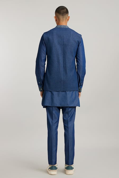 Shop_Bubber Couture_Blue Denim, Cotton Geometric Etched Bundi _at_Aza_Fashions