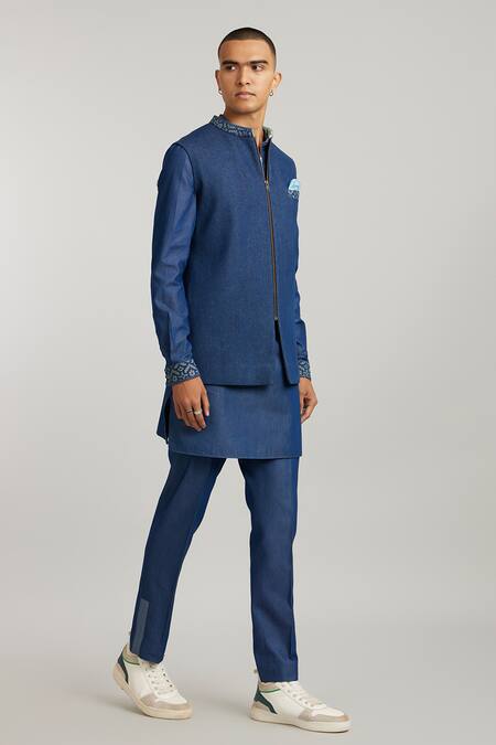 Bubber Couture_Blue Denim, Cotton Geometric Etched Bundi _Online_at_Aza_Fashions