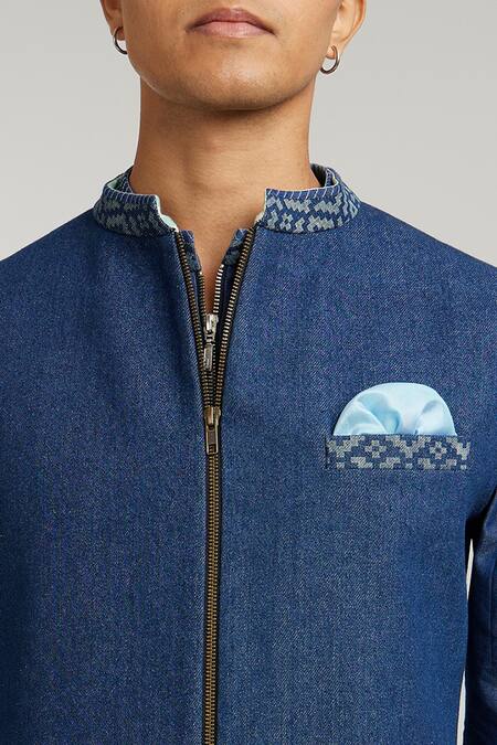 Buy_Bubber Couture_Blue Denim, Cotton Geometric Etched Bundi _Online_at_Aza_Fashions